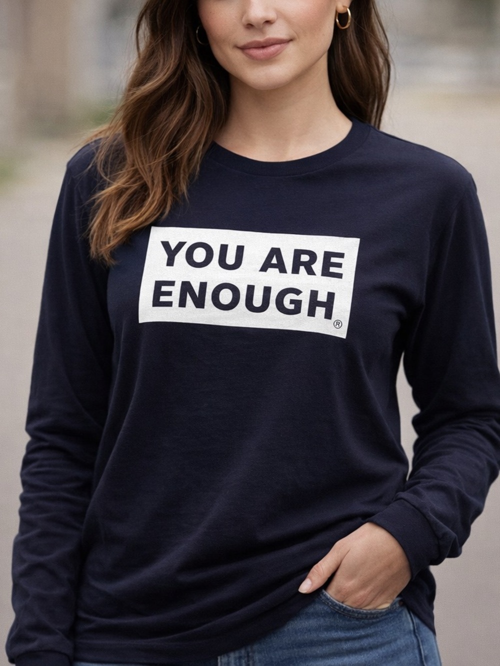 Cotton T-Shirt YOU ARE ENOUGH” from the California movement. Size Medium. Navy.